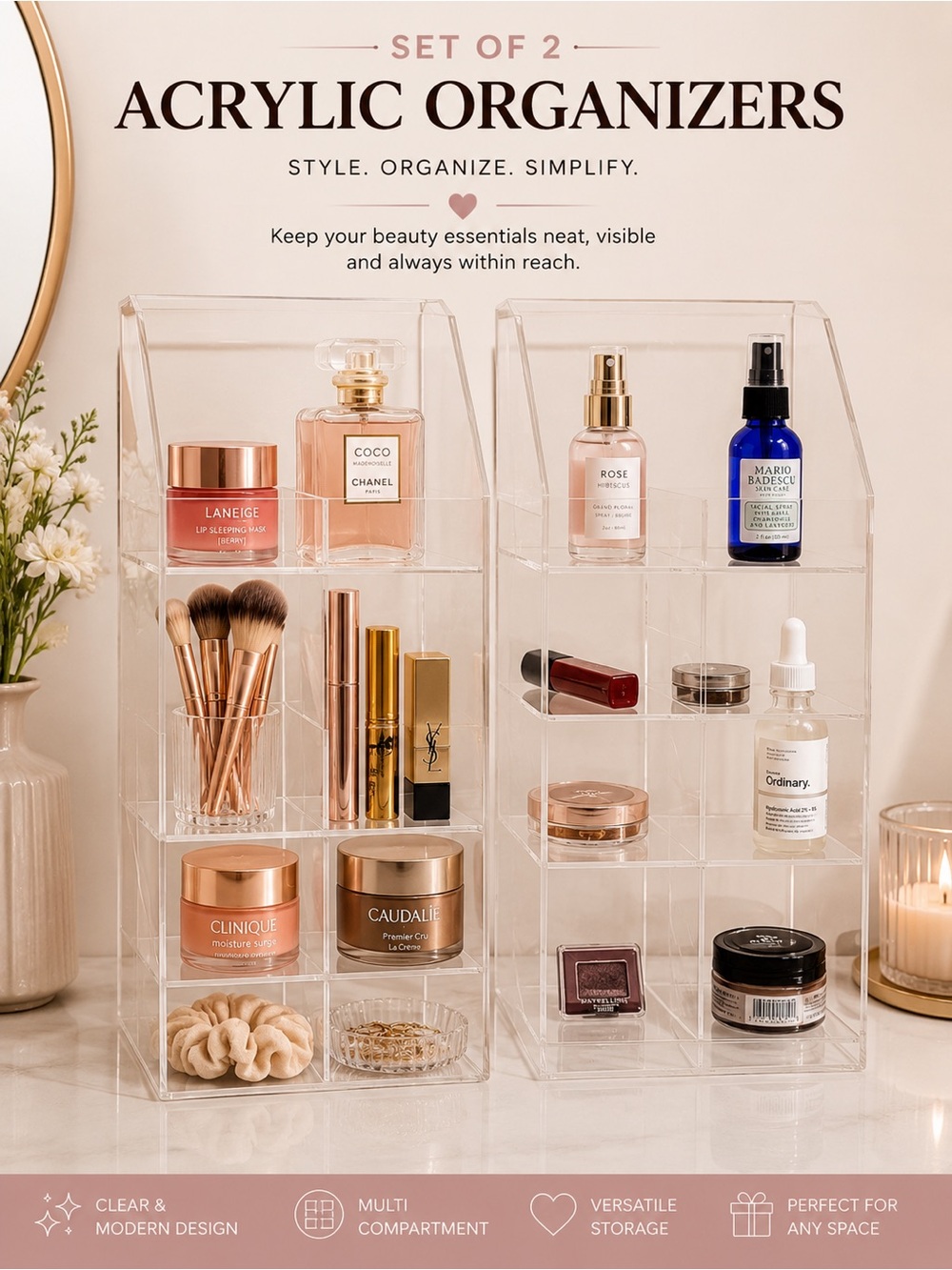 Transparent Clear Acrylic Makeup Organizer - Multi-Compartment Cosmetic Storage